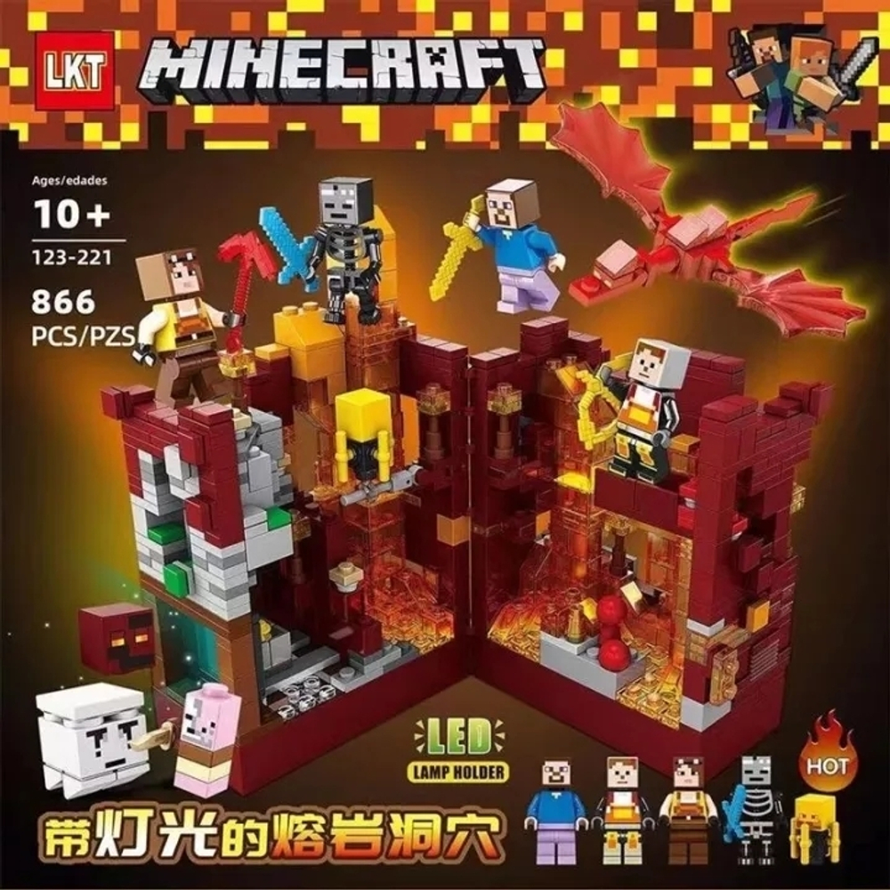 Конструктор Майнкрафт, LKT Minecraft 123-221 "Сражение в красной крепости" с LED подсветкой 866 деталей