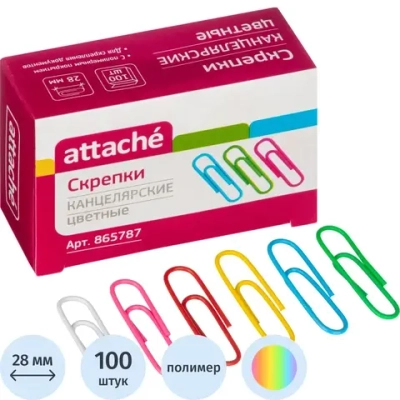 Скрепки канцелярские 28 мм Attache металлические цветные с полимерным покрытием, 100 штук в упаковке