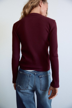 ZARA ТОП ПОЛО С УЗОРОМ «КОСЫ», ТЕМНО-БОРДОВЫЙ