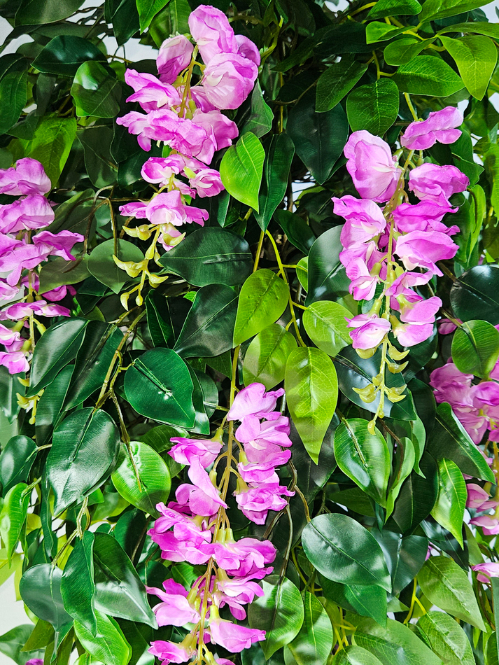 Искусственное дерево Глициния лиловая 150см в белом кашпо ротанг