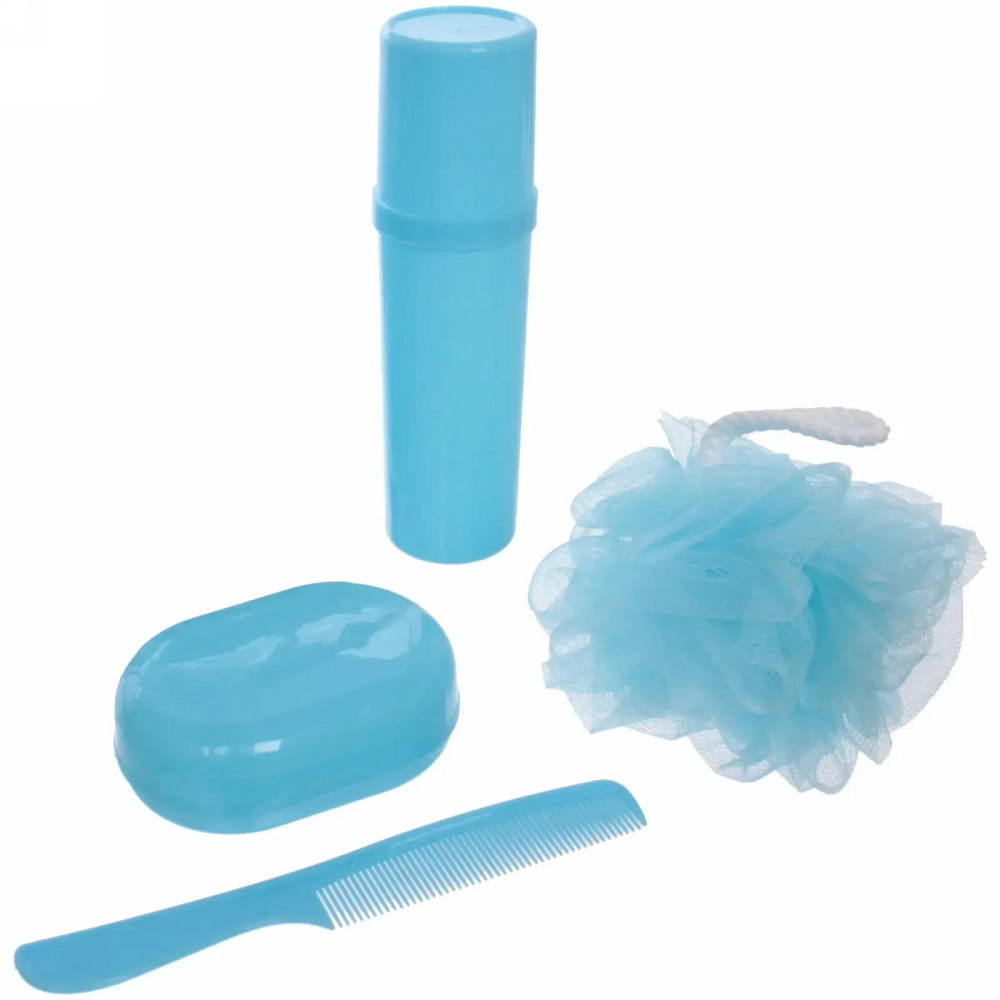 Набор банный дорожный 4шт «Bon voyage - Nice family», (мочалка, футляр 2шт, расческа), микс 3 цвета, 20*16*7 см