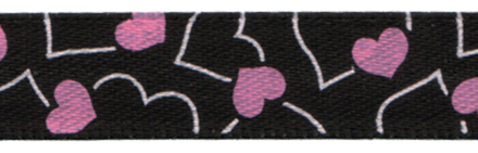 Лента атласная  10 мм "Gamma", с рисунком сердечки на черном