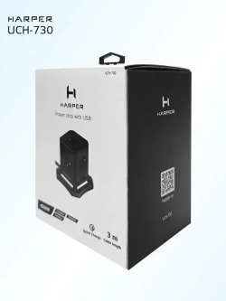 Сетевой фильтр HARPER UCH-730, 5 розеток, 2 USB + 1 type-C с поддержкой power delivery, кабель 3 метра, 4000 Вт, 16А, черный