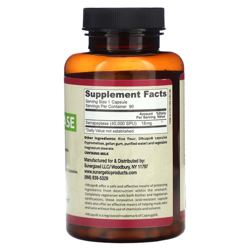 Sunergetic, Серрапептаза, 18 мг, 90 капсул