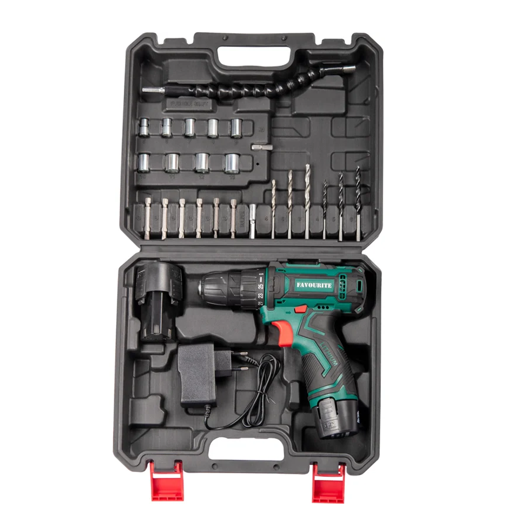 Дрель-шуруповерт аккумуляторная FAVOURITE "DC 1202 PROMO SET", 12В, Li-ion, 2Ач, быстрозажимной патрон