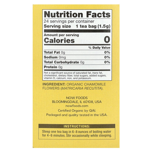 NOW Foods, органический ромашка, без кофеина, 24 чайных пакетика, 36 г (1,27 унции)