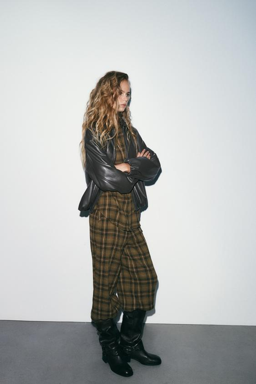 ZARA БРЮКИ БОМБАЧИ В КЛЕТКУ, СВЕТЛО-КОРИЧНЕВЫЙ