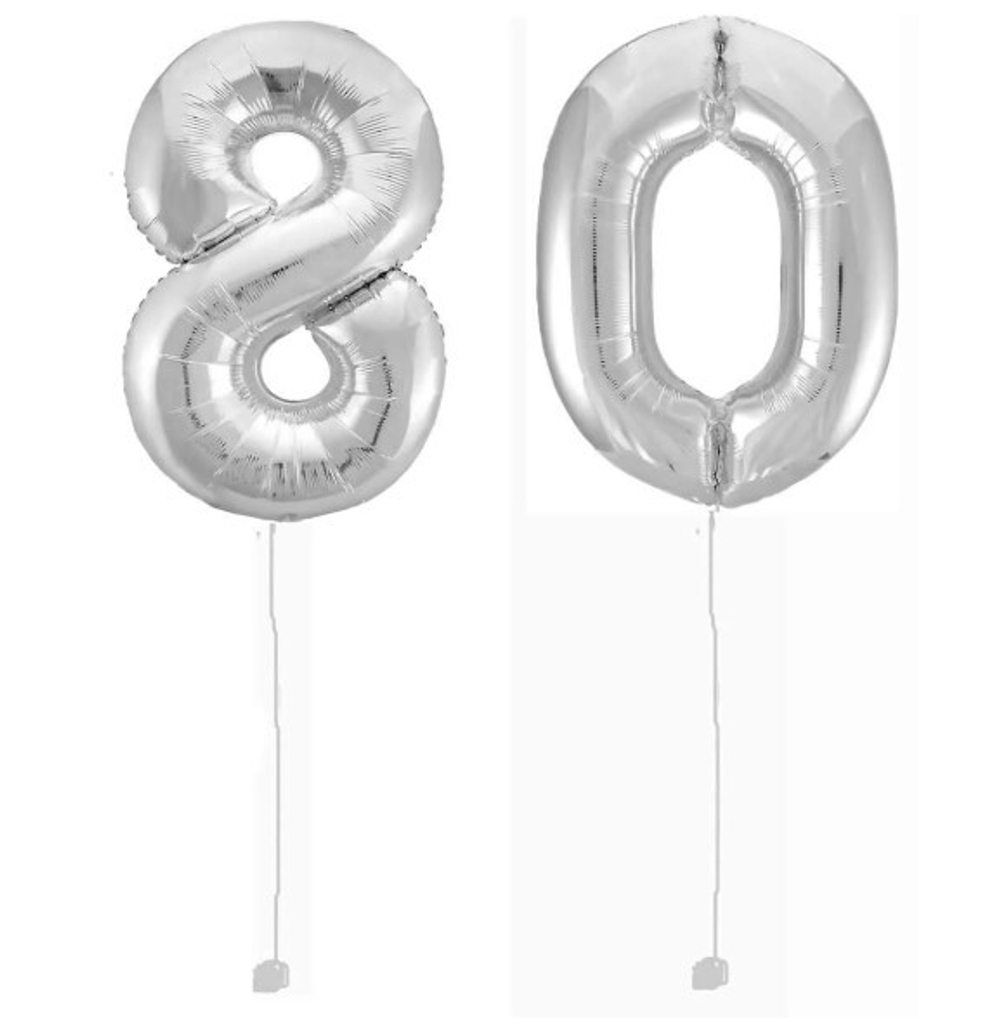 Шар-цифра 80 Серебро Silver 102 см фольга с гелием на грузике