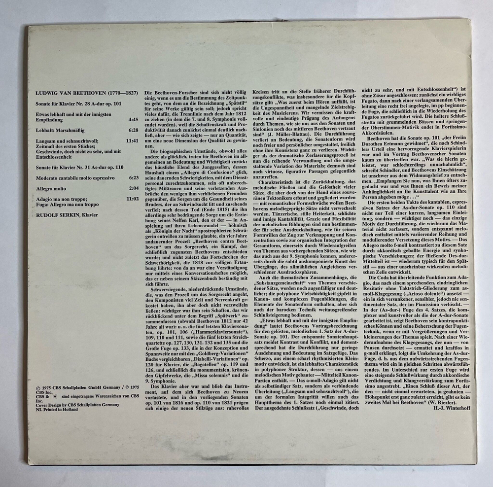 Винтажная виниловая пластинка LP Rudolf Serkin, L. V.Beethoven, Бетховен Sonaten Fur Klavier Nr.28 A-Dur op. 101 (Germany 1975)