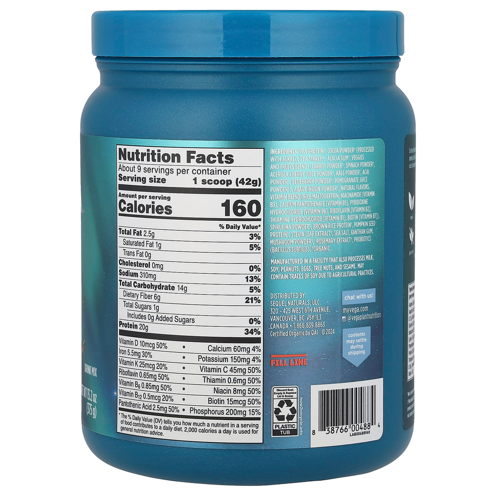 Vega, органический растительный протеин, комплекс премиального качества, шоколад, 375 г (13,2 унции)