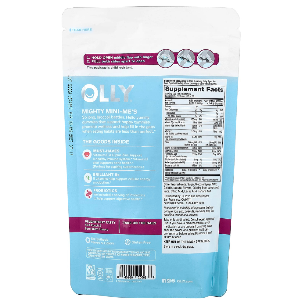 OLLY, мультивитамины и пробиотики для детей, со вкусом ягодного пунша, 120 жевательных таблеток