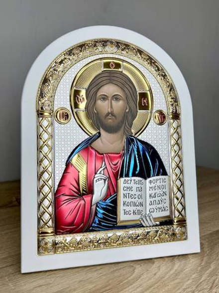 Спаситель, икона арочная, белое дерево, эмаль 175х225