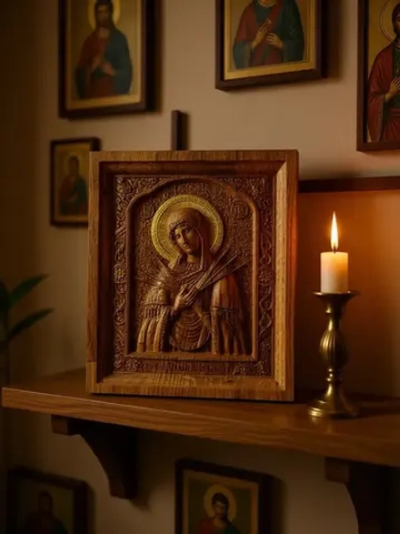 Освященная Икона Семистрельной Богородицы резная из дуба