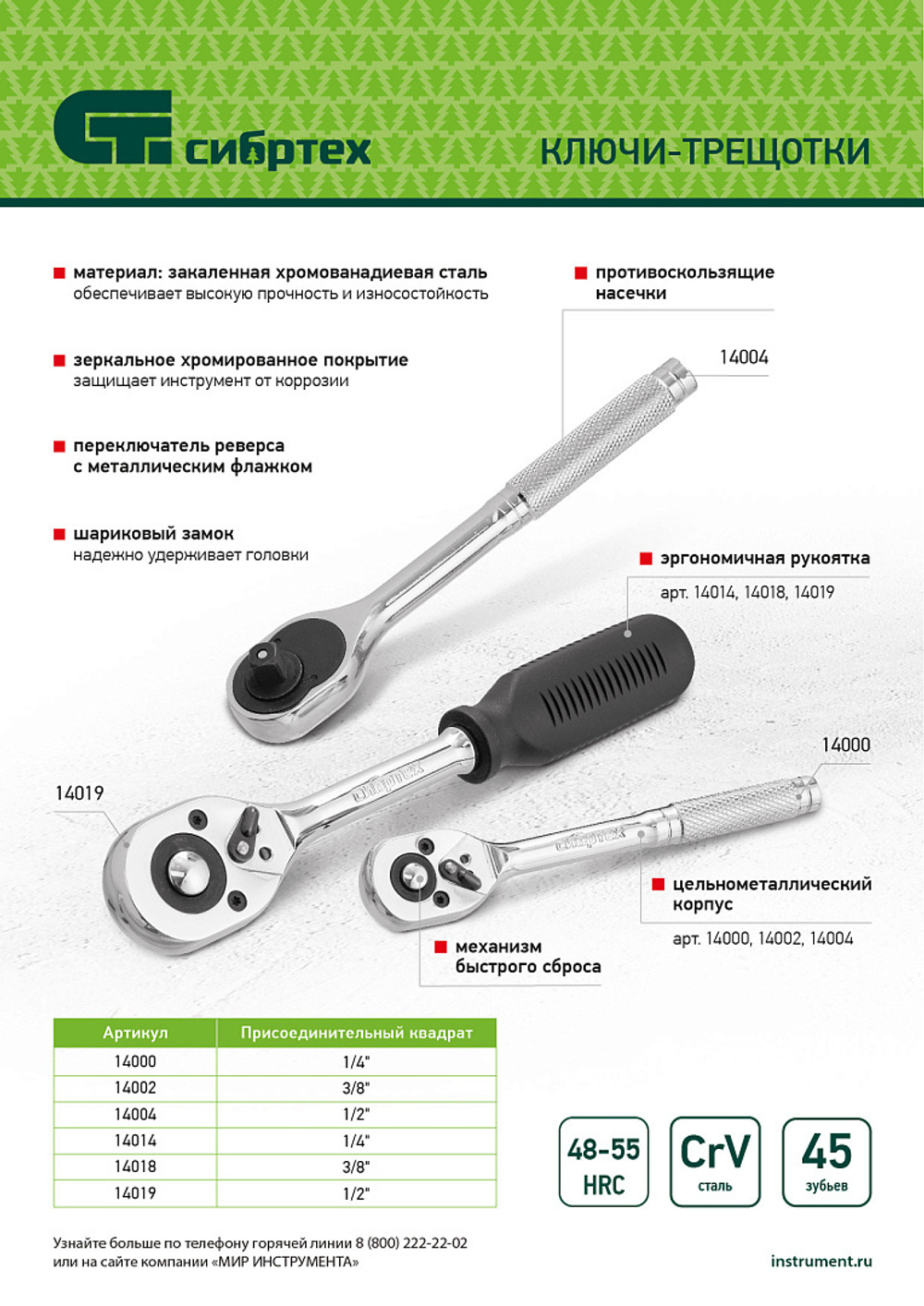 Ключ-трещотка 1/4", 45 зубьев, с быстрым сбросом, CrV, хром Сибртех 14000