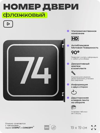 Табличка флажковая с номером 74 на дверь квартиры, для офиса, кабинета, аудитории, склада, черная двустороняя 19х19 см, Айдентика Технолоджи