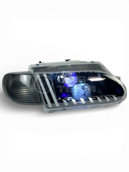 Фары ВАЗ 2113, 2114, 2115 передние в стиле AUDI 2.0 с Bi LED модулями, тонированные поворотники (полоски белые)