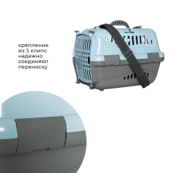 Переноска пластиковая ZOOEXPRESS "Турне" с цветной дверцей, ковриком и ремнем - 42х29х29,5 см (S) - голубая