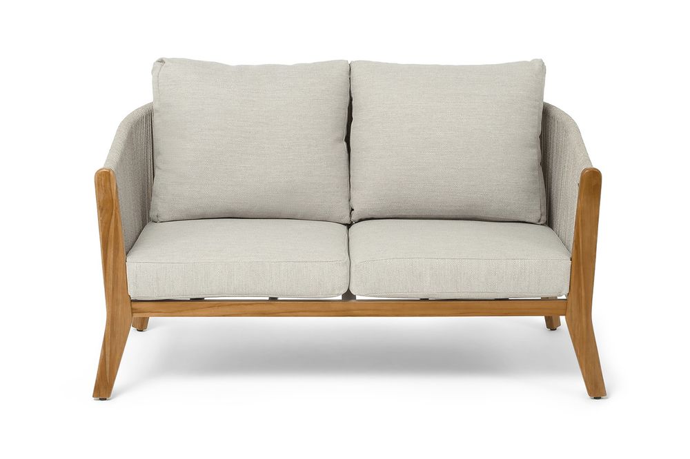 "Сидней" диван 2-местный плетеный из роупа, основание тик, каркас алюминий бежевый, роуп бежевый, ткань бежевая