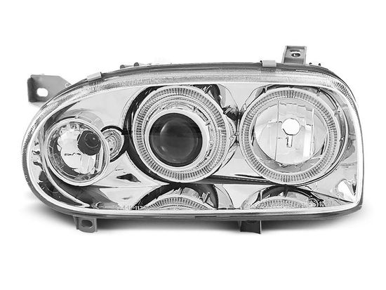 Передние фары VW Golf 3 angel eyes chrome
