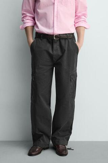 ZARA БРЮКИ КАРГО RELAXED FIT С ЭФФЕКТОМ ПОТЕРТОСТИ, НЕФТЯНОЙ
