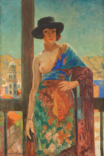 Эмиль Ба. Молодая женщина на фоне гавани (Jeune femme sur fond de vue portuaire). 110 х 75. Холст, масло. Частное собрание.
