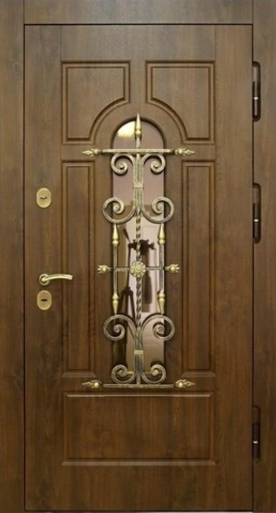 Стальная дверь в загородный дом с отделкой Vinorit, стеклом и ковкой - 1251