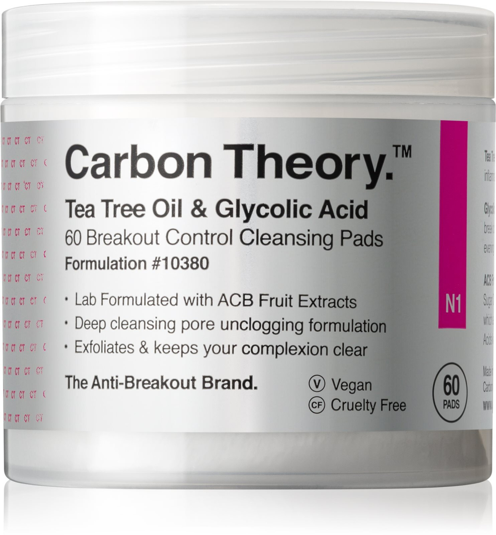 Carbon Theory Tea Tree Oil & Glycolic Acid - очищающие подушечки для осветления и разглаживания кожи /  60 szt.   / GTIN 634114052725