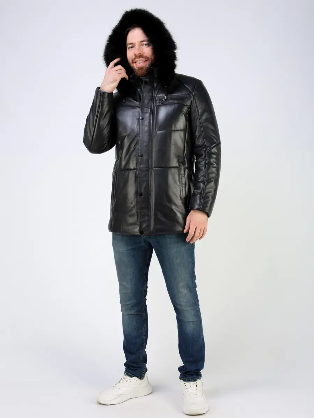 Куртка зимняя кожаная с капюшоном пуховик