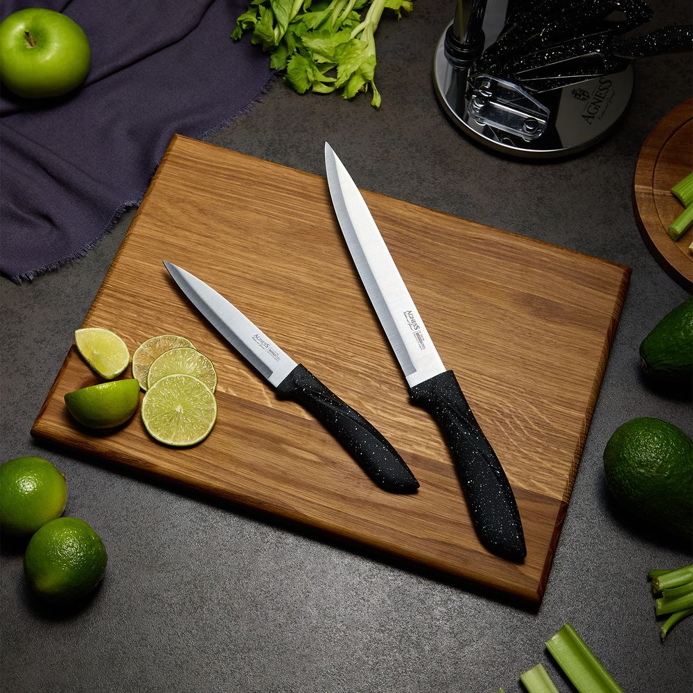 НАБОР НОЖЕЙ AGNESS С НОЖНИЦАМИ И МУСАТОМ НА ПЛАСТИКОВОЙ ПОДСТАВКЕ, 8 ПРЕДМЕТОВ