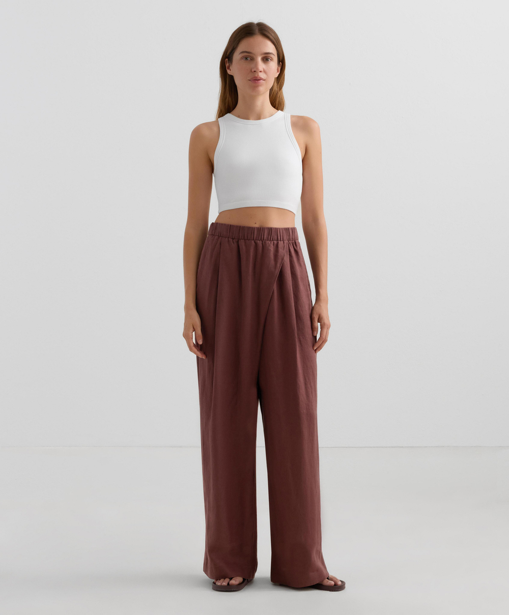 OYSHO Широкие прямые брюки из 100% льна с перекрестным кроем спереди, винный