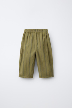 ZARA БРЮКИ В ПОЛОСКУ ИЗ ХЛОПКА И ЛЬНА, ХАКИ