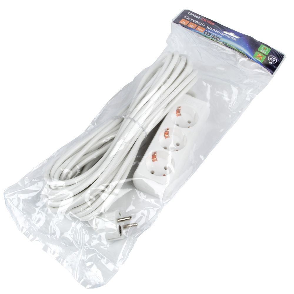 S-GCU3-10 WHITE Удлинитель серии Ultra. шнур 10м.. 3 гнезда. 16A. с-з. Белый. TM Uniel