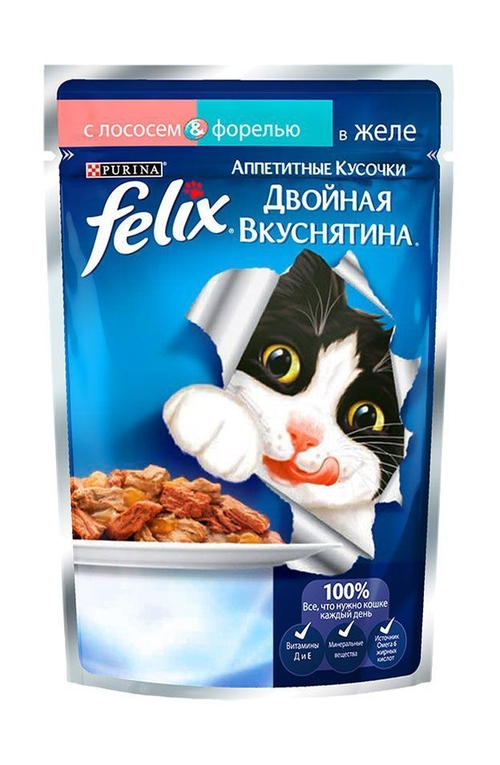 Влажный корм Felix Двойная вкуснятина для кошек, лосось форель в желе, 85 г