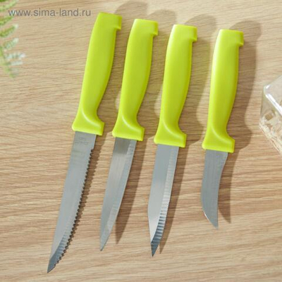 Набор кухонных ножей на подставке Доляна, 4 шт: 6 см, 9 см, 9 см, 11 см, на подставке, цвет МИКС (Цвет: не задано)