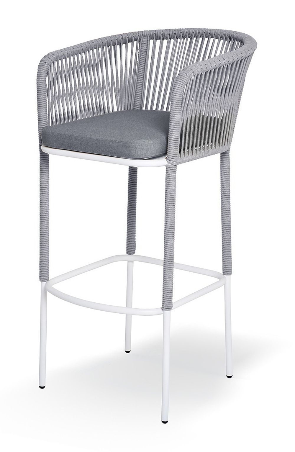 "Марсель" стул барный плетеный из роупа, каркас из стали светло-серый (RAL7035) муар, роуп светло-серый круглый, ткань светло-серая