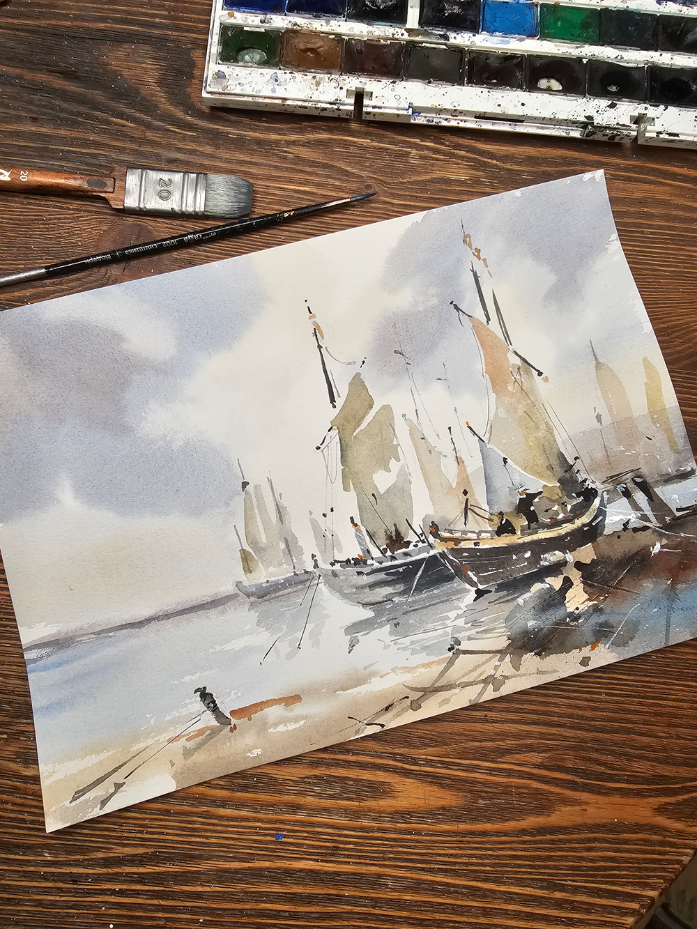 Картина авторская акварельная в паспарту 30х40 см на стену для интерьера "В порту"