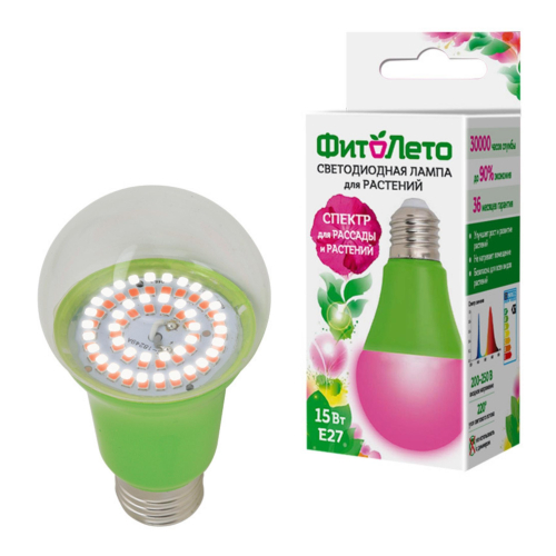 LED-A60-15W/SPSB/E27/CL PLP30GR Лампа светодиодная для растений. Форма A, прозрачная. Спектр для рассады и цветения. Картон. ТМ ФитоЛето
