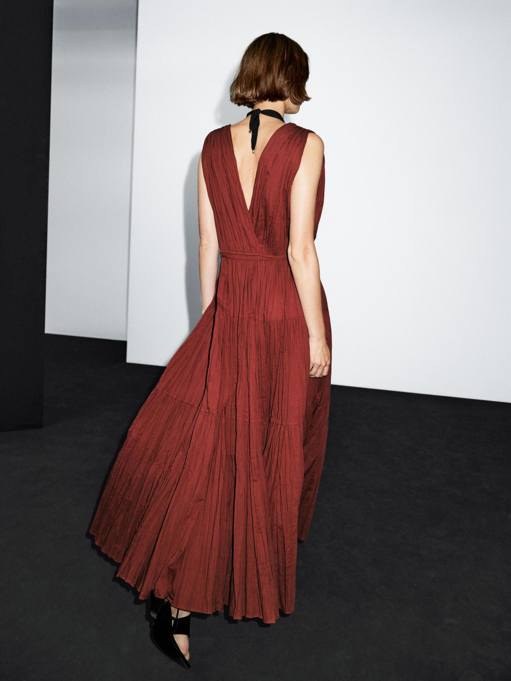 Massimo Dutti Длинное платье из 100% хлопка со складками, черепичный