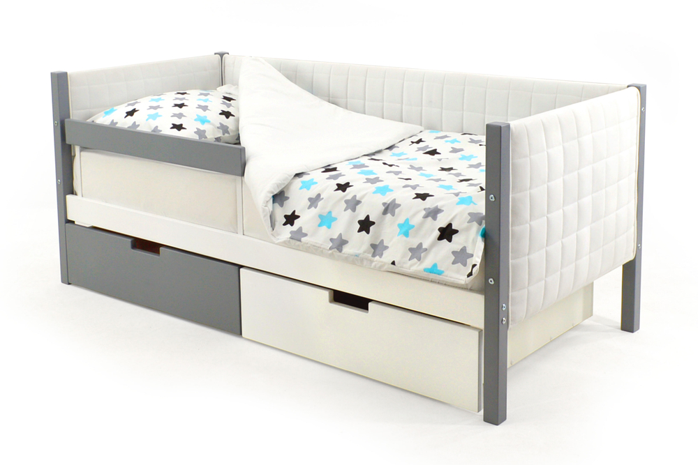 Детская кровать-тахта мягкая с бортиком и ящиками Бельмарко Svogen графит-мятный