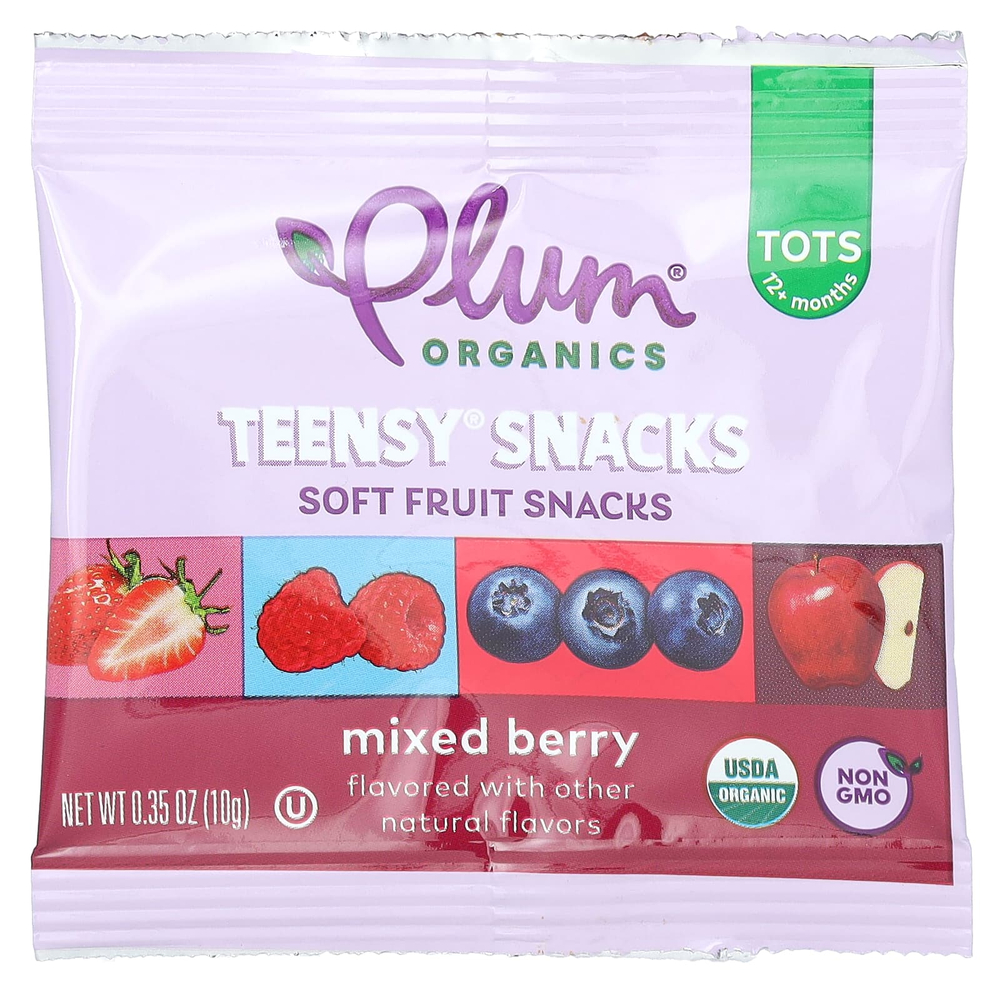 Plum Organics, Teensy Snacks, фруктовые снеки, для детей от 12 месяцев, ягодное ассорти, 5 пакетиков по 10 г (0,35 унции)