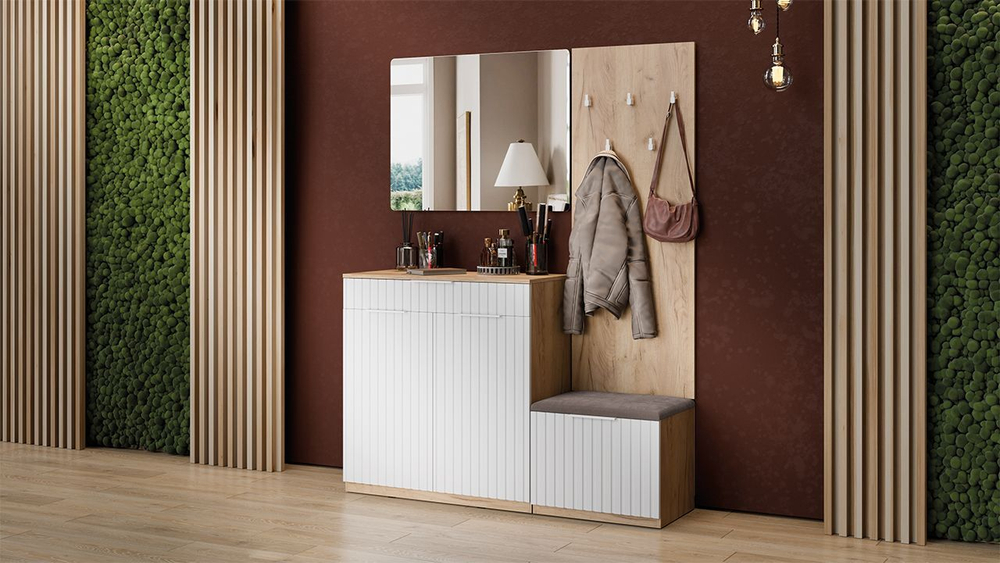 Прихожая с зеркалом комплект мебели Дуб Крафт золотой/Графит матовый 206х43х226 см