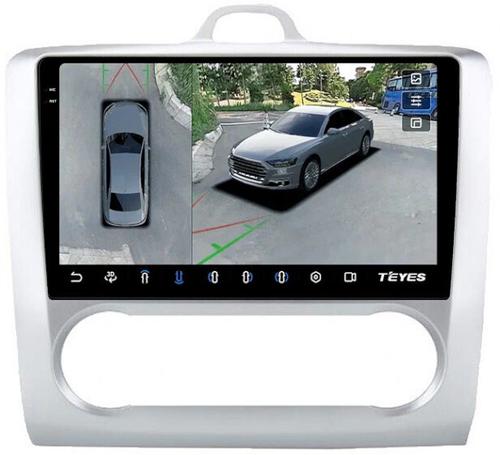 Магнитола для Ford Focus 2 2004-2011 (климат, рамка серебро) - Teyes CC3-2K-360 монитор 9.5" 2K QLED на Android 10, Быстрая, CarPlay, 4G SIM-слот, 4 камеры в комплекте