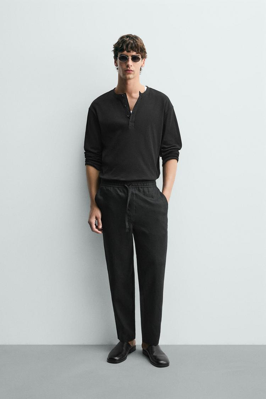 ZARA БРЮКИ RELAXED FIT ИЗ 100% ЛЬНА, ЧЕРНЫЙ