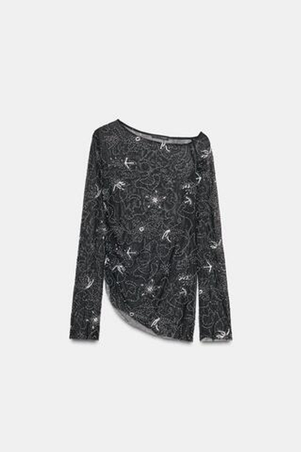 ZARA ТОП ИЗ ПОЛУПРОЗРАЧНОЙ ТКАНИ СО СБОРКАМИ И ВЫШИВКОЙ БИСЕРОМ, ЧЕРНЫЙ