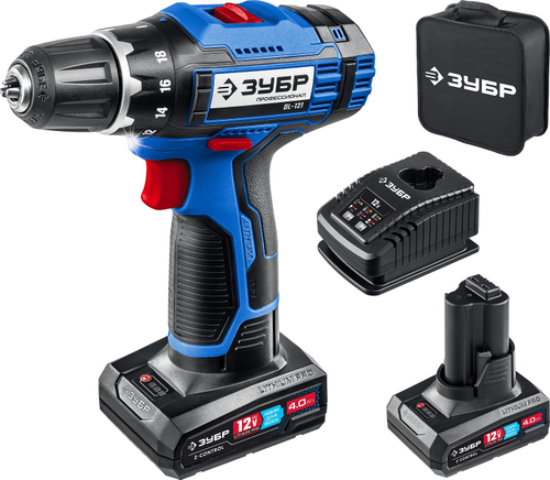 ЗУБР 12В, 2 АКБ (4Ач), в сумке, дрель-шуруповерт, Профессионал. DL-121-42