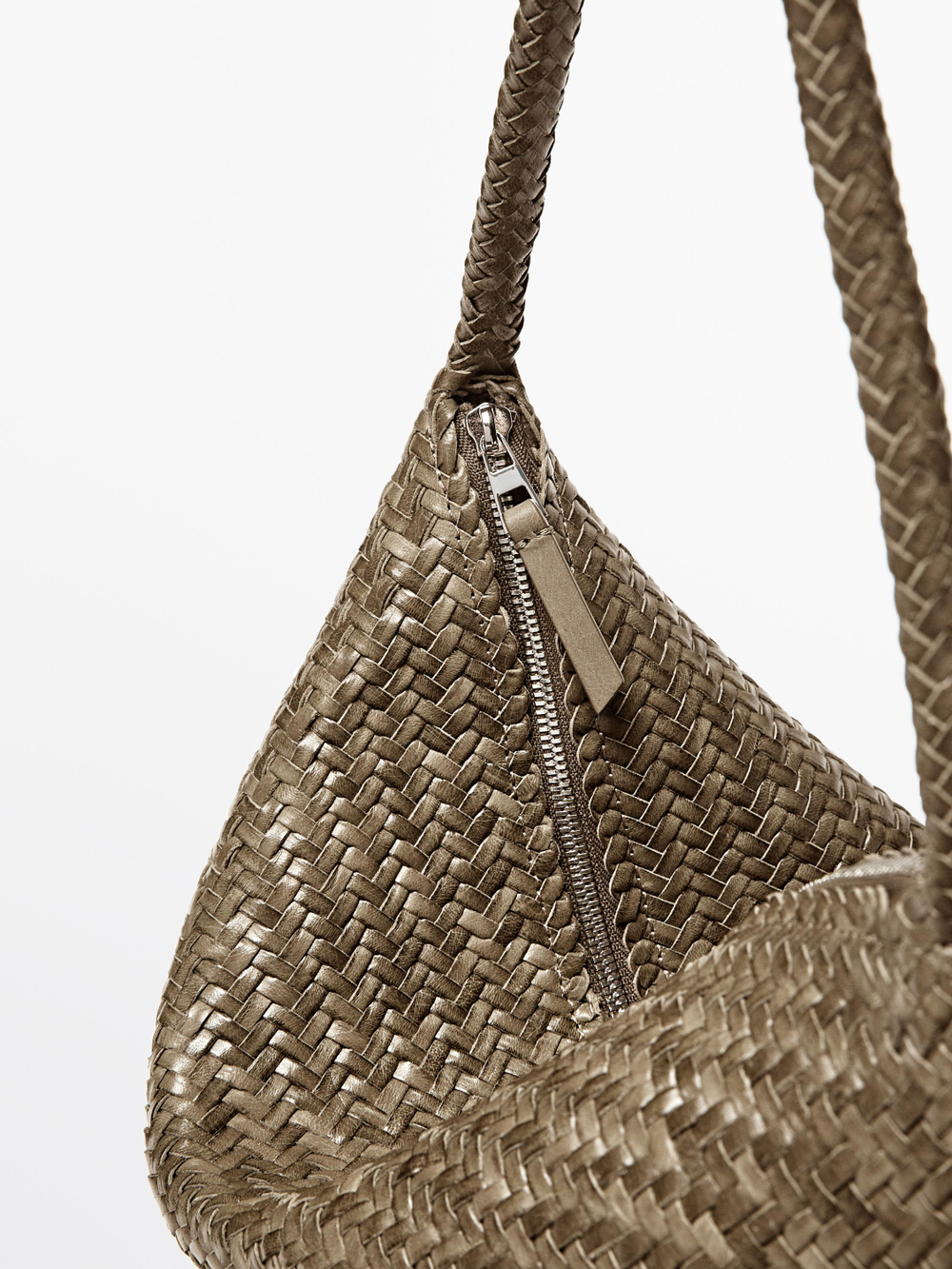 Massimo Dutti Сумка через плечо из плетеной кожи среднего размера, хаки