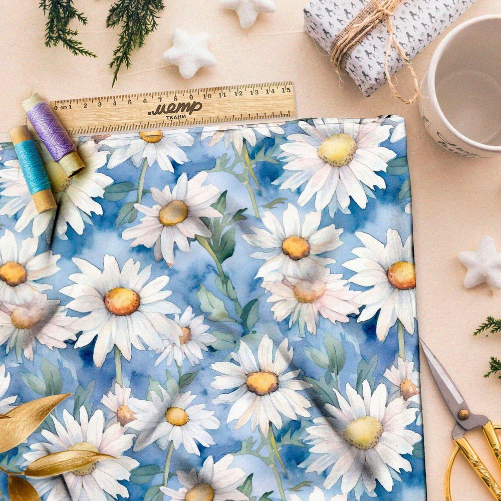 Ткань премиум дюспо акварельное ромашковое поле