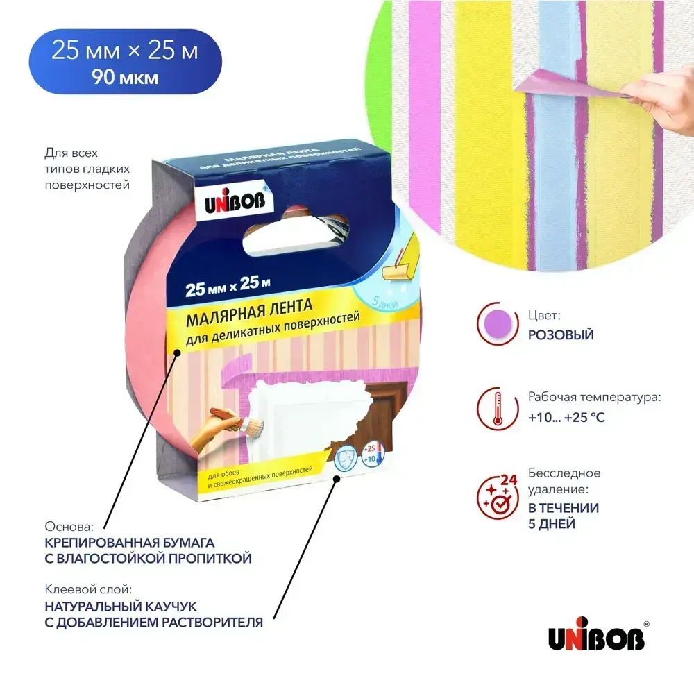 Клейкая лента малярная для деликатных поверхностей 25мм х 25м UNIBOB (розовая) Малярный скотч