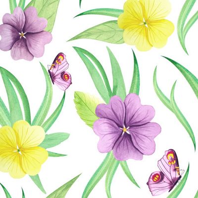 Желтые и сиреневые фиалки на белом фоне