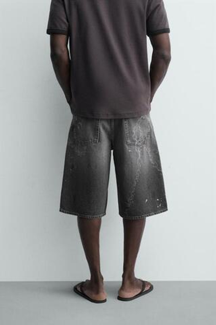 ZARA ДЖИНСОВЫЕ ШОРТЫ BAGGY С ЦЕПЯМИ, СЕРЫЙ